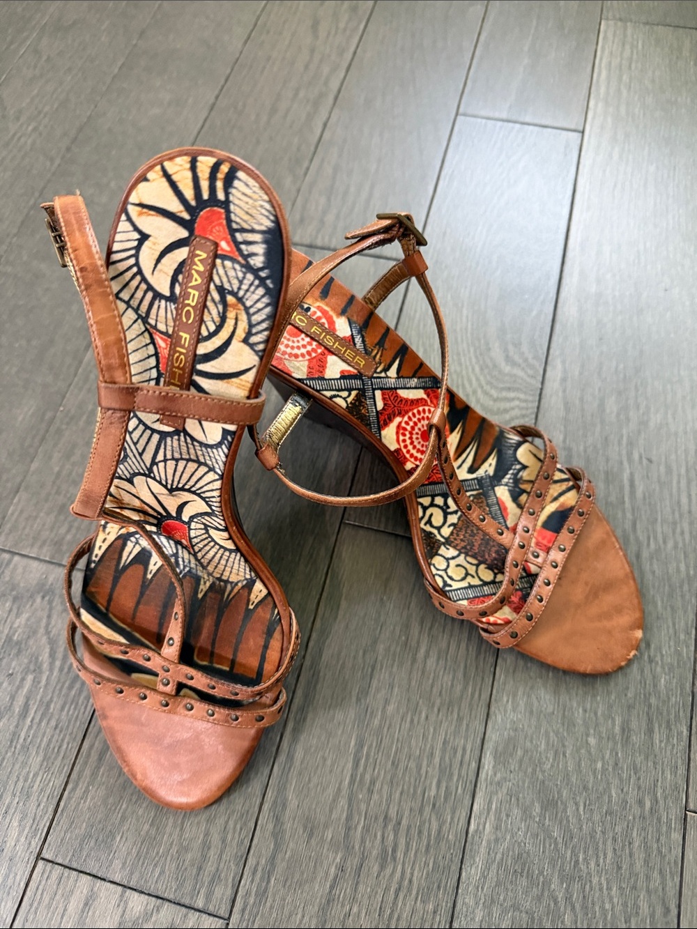 Marc Fisher Tan Leather Strappy Heels with Printed Insole